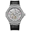 Automatic mechanical men's watch with hollow dial, diamond studs, and a white shell case.