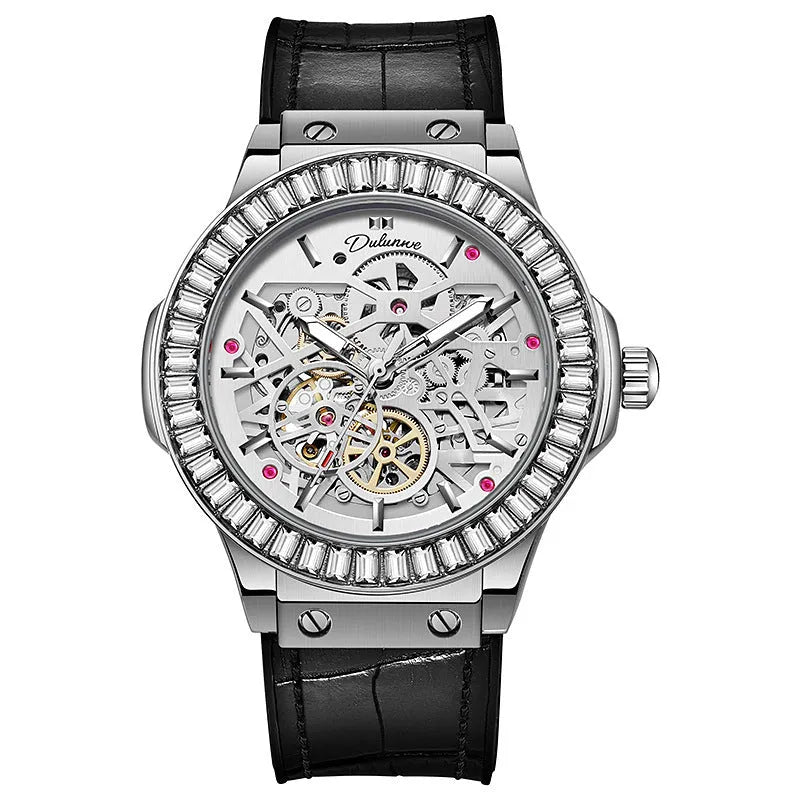 Automatic mechanical men's watch with hollow dial, diamond studs, and a white shell case.