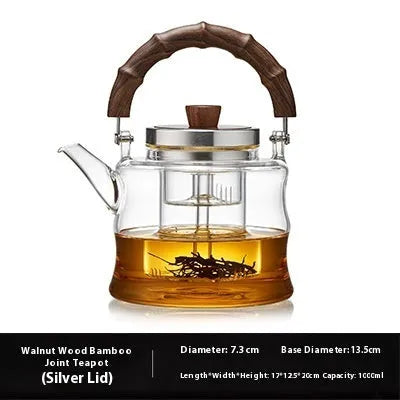 High borosilicate glass stove-top teapot with bamboo handle and golden lid