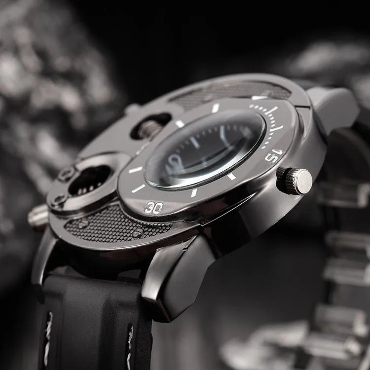 V8 quartz wristwatch with black dial, 43mm metal case, and stainless steel strap on a white background