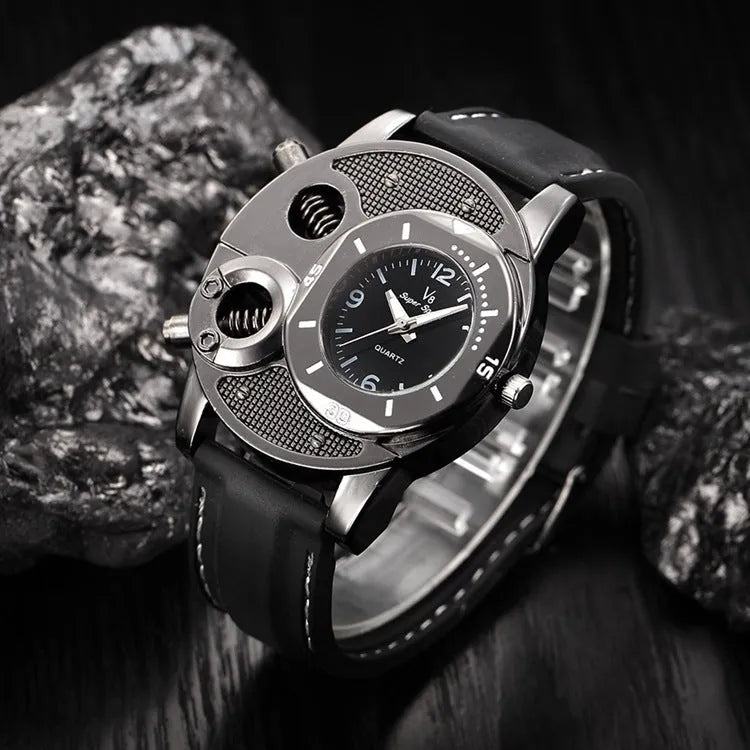 V8 quartz wristwatch with black dial, 43mm metal case, and stainless steel strap on a white background