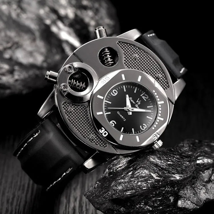 V8 quartz wristwatch with black dial, 43mm metal case, and stainless steel strap on a white background