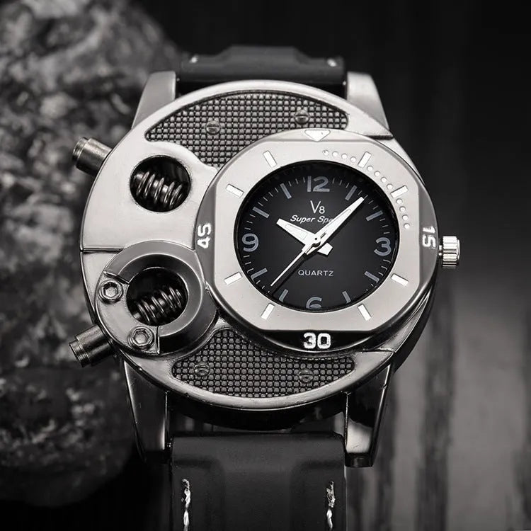 V8 quartz wristwatch with black dial, 43mm metal case, and stainless steel strap on a white background