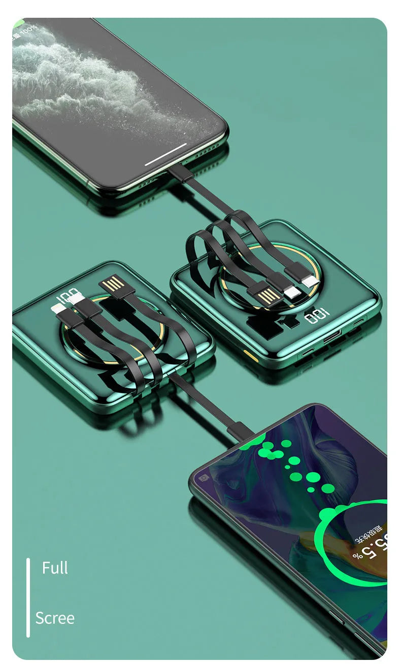 Compact square 20000mAh PD fast charging power bank with LCD screen in red, green, or black.