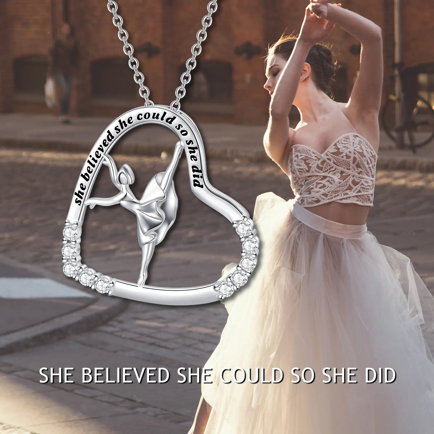 925 sterling silver heart ballerina dancer pendant necklace with cubic zirconia stone on white background