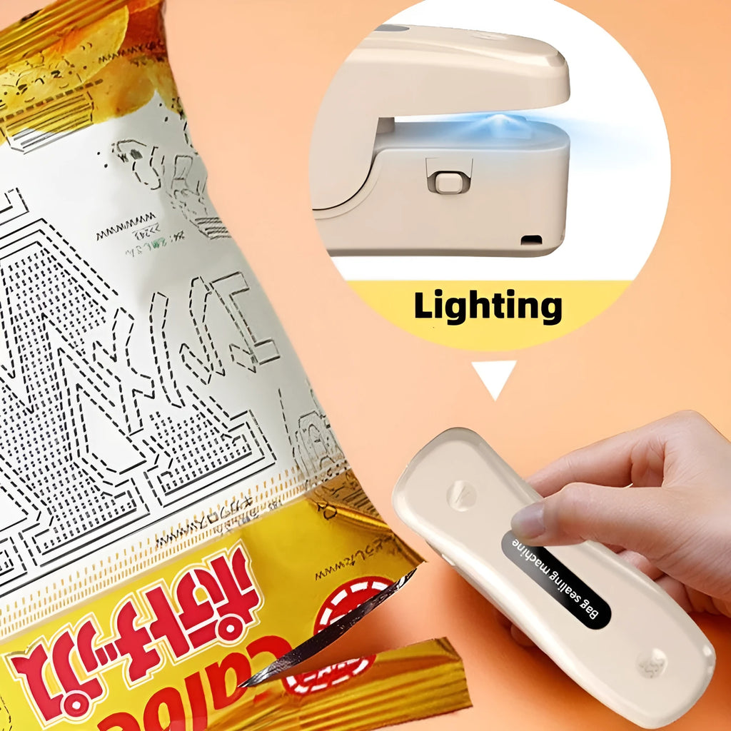 Rechargeable mini USB sealing machine in milky white with Type-C charging port and magnetic patch