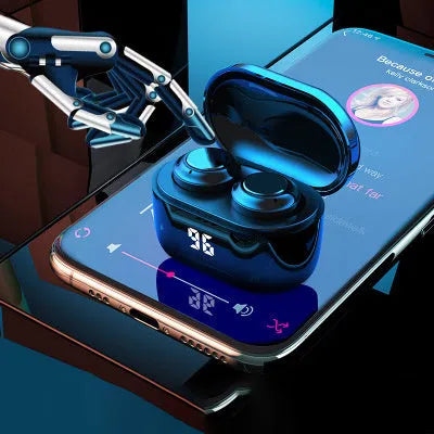 Black stereo Bluetooth earplug headset showing earpieces, suitable for calls and music with 10m range.