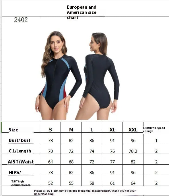 Long sleeve one-piece swim training suit with front zip in blue and red colour