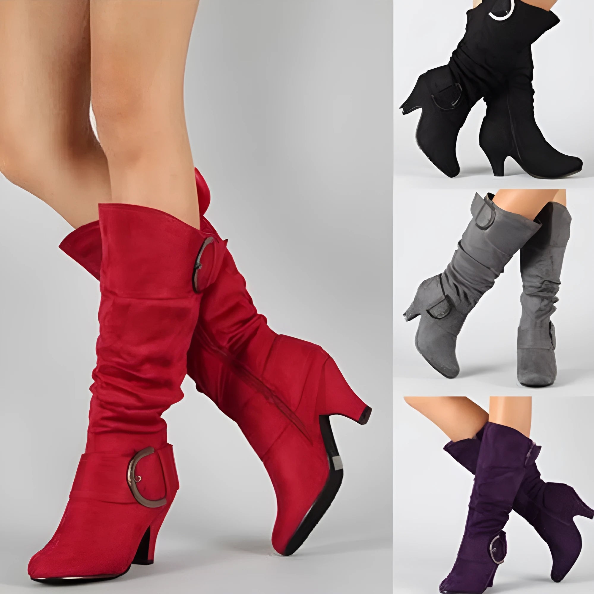 Women's brushed velvet suede high-cylinder boots with tapered heel, round toe, solid colour