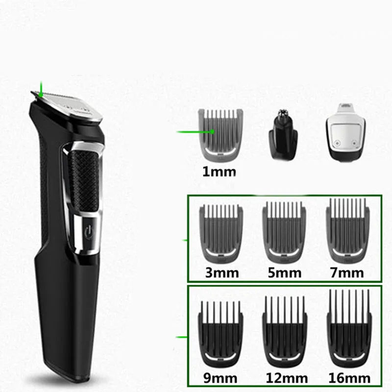 Silver and black multifunctional nose hair and beard trimmer with a cleaning brush on a white background.