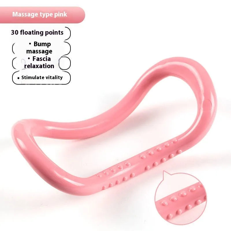 Yoga four piece fitness set with leg stretcher, yoga ring, pedal device, and figure eight tension rope on a plain background