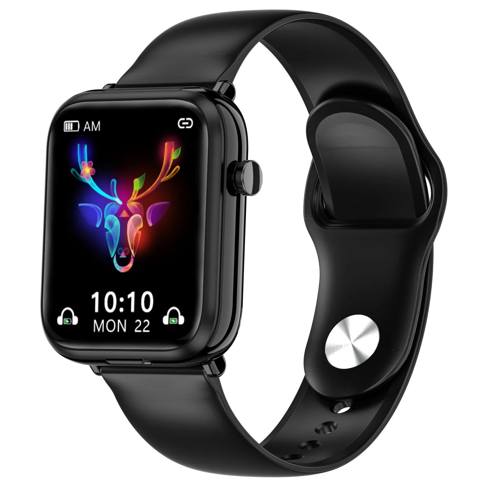Black all-touch smart Bluetooth headset watch with 1.69-inch screen on wrist, showing charging case with earpieces.