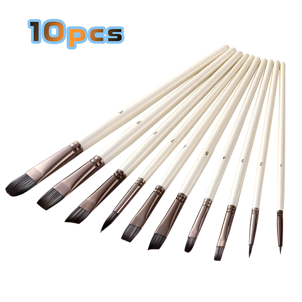 Set of 10 pearl white nylon watercolor brushes with wooden handles in PVC bag