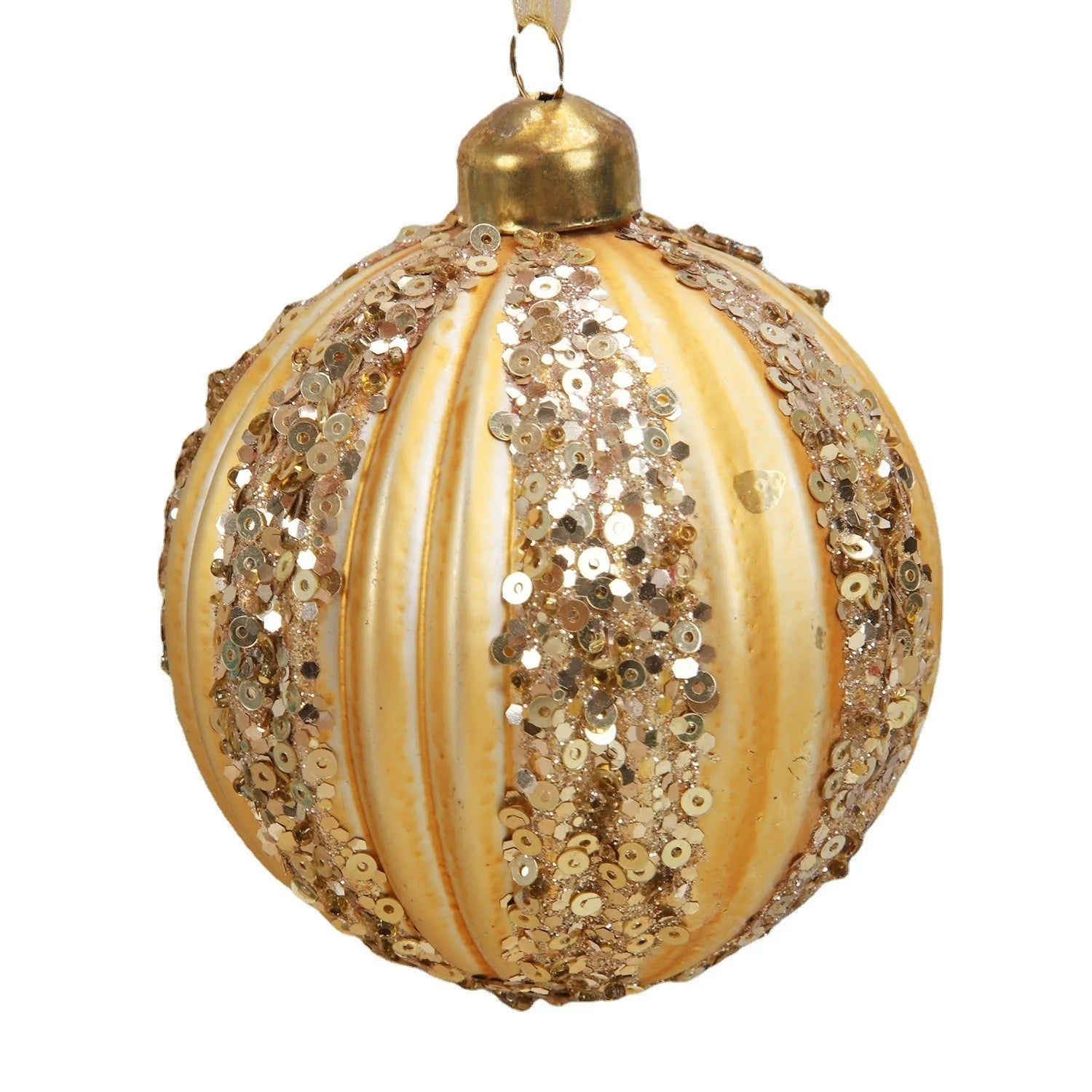 Green and yellow striped flocked glass Christmas ball ornament 80mm