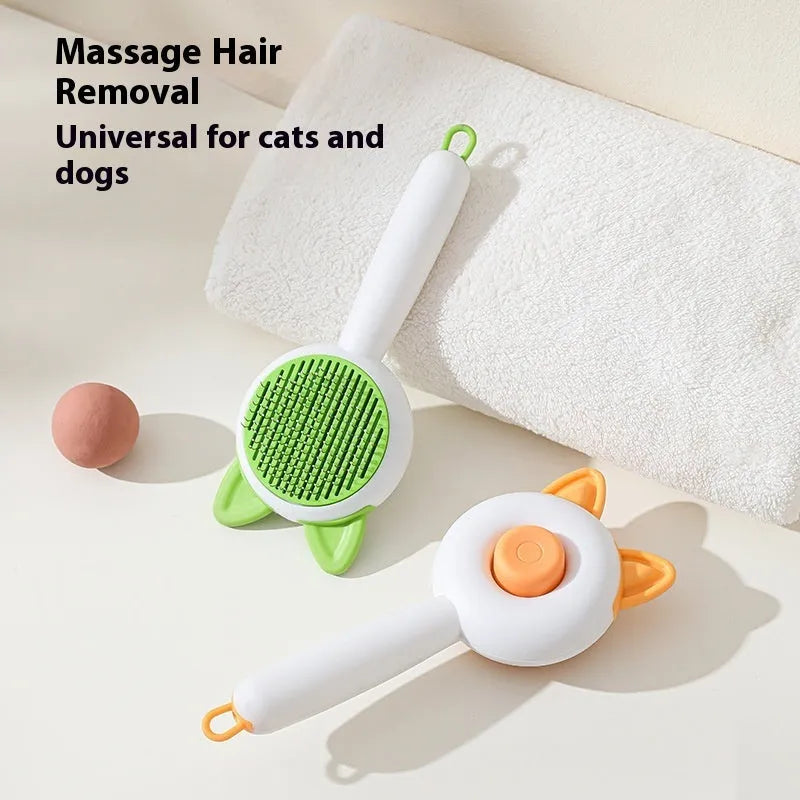 Self-cleaning cat grooming comb with stainless steel teeth in greenish white colour