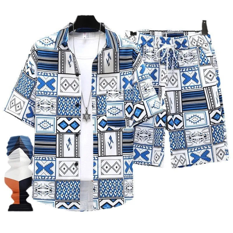 Men's casual polyester short-sleeve top and matching shorts two-piece set on a hanger.