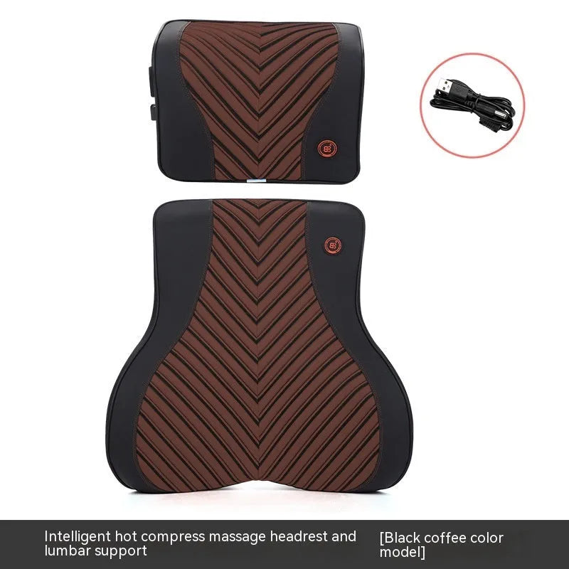 Car electric massage heating headrest and lumbar support cushion in black and orange colour