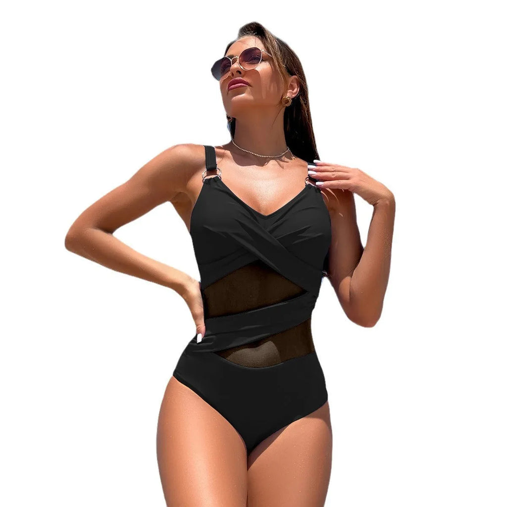 Women's quick-drying solid colour one-piece nylon spandex swimsuit for swimming and wading