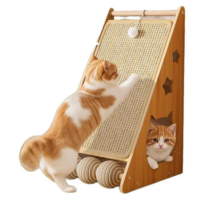 Vertical wall-mounted cat scratch board with sisal surface and a cat teasing ball.