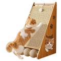Vertical wall-mounted cat scratch board with sisal surface and a cat teasing ball.