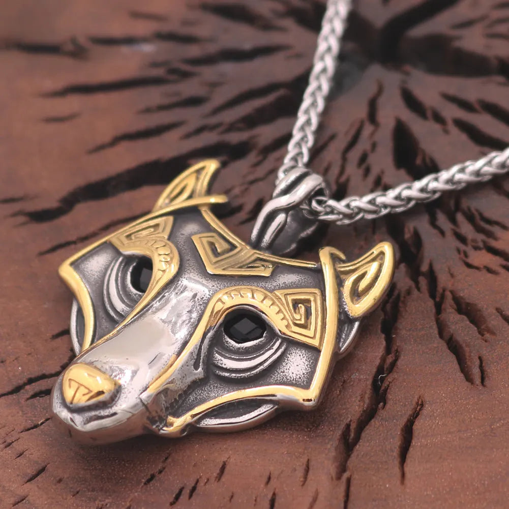 Wolf head titanium steel gold electroplated pendant with snake chain, Viking style, 3.8x4.7 cm