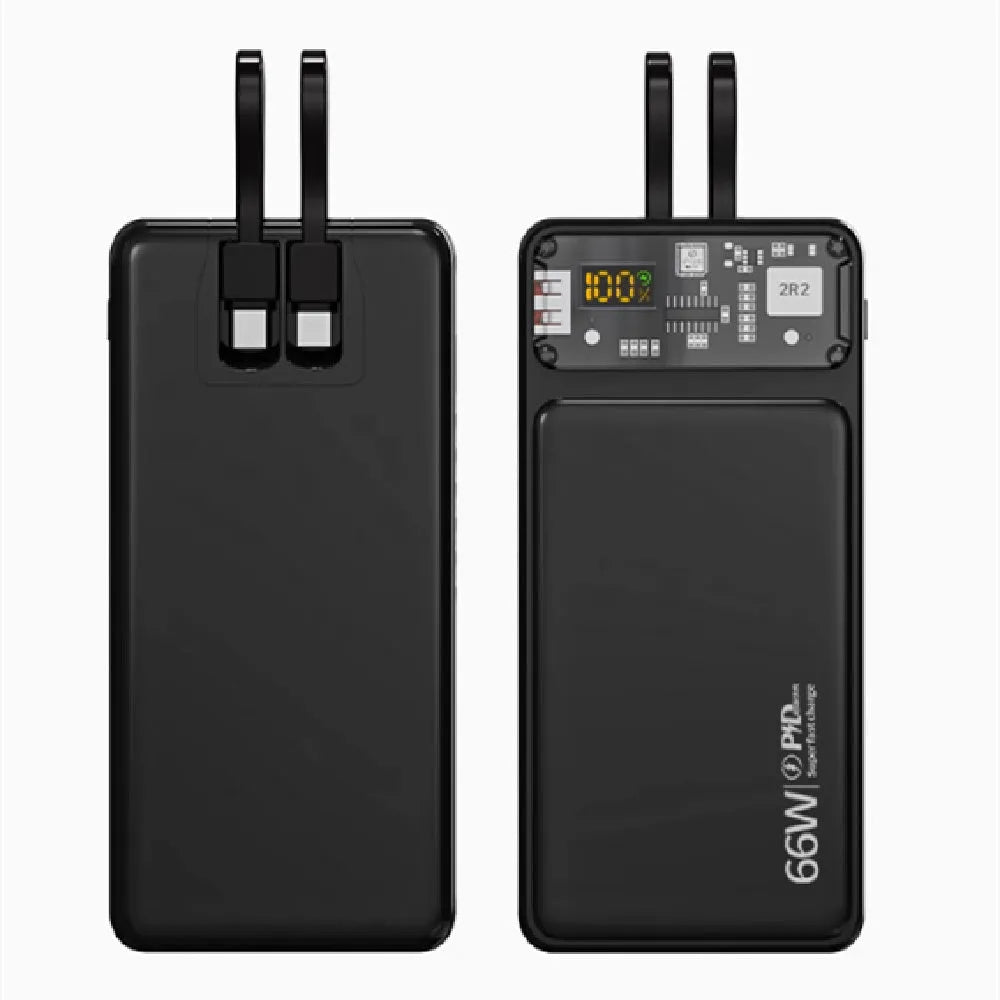 66W super fast charge power bank 20000mAh in black with built-in data cable