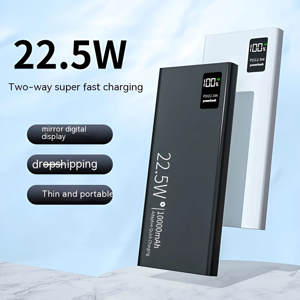 Two-way fast power bank in black or white, 10000mAh to 30000mAh, 152 x 68 x 15mm plastic body.