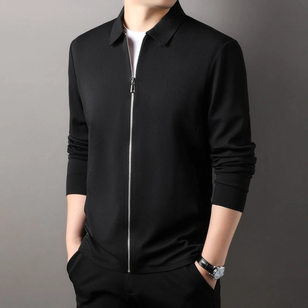 Men's polyester jacket in black, dark grey or apricot with regular sleeves and straight hem