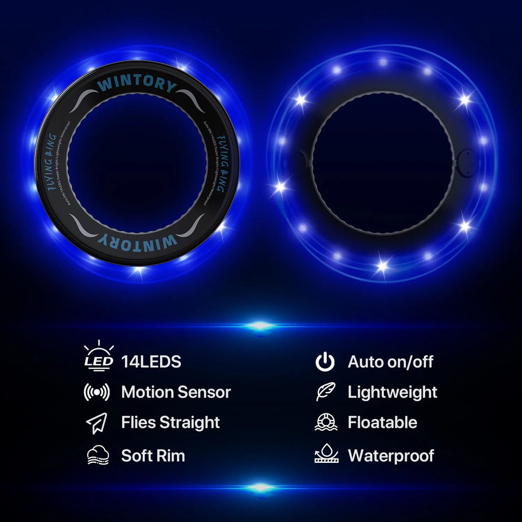 Blue LED ring flying disc toy with hollow centre, ABS plastic body, and battery-powered flash function for hand throwing.