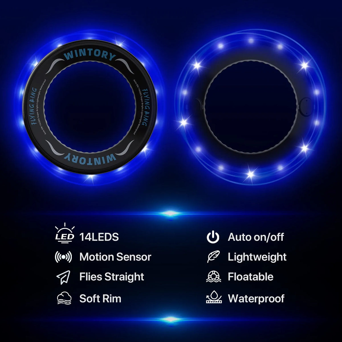 Blue LED ring flying disc toy with hollow centre, ABS plastic body, and battery-powered flash function for hand throwing.