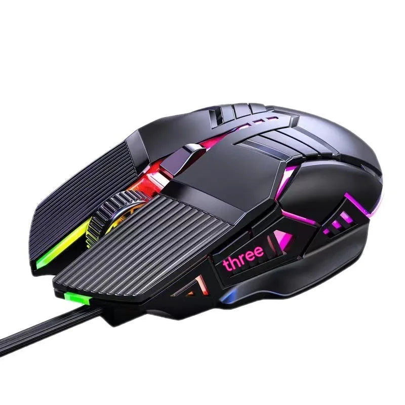 6D colourful luminous wired mouse in black, white, or pink with USB cable for desktop gaming or office use
