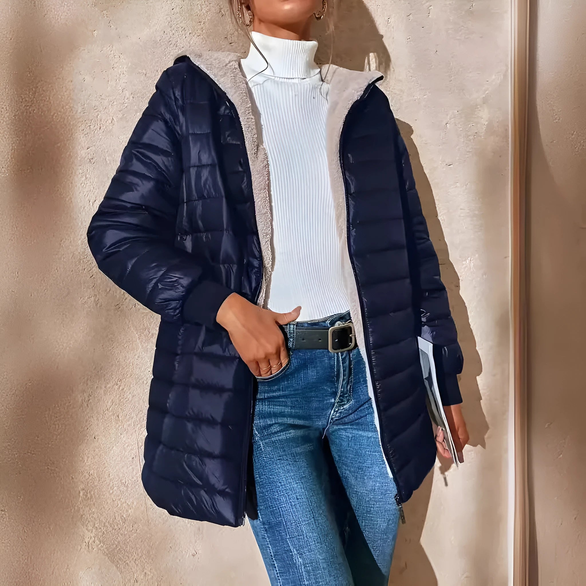 Ladies' cotton jacket with regular long sleeves in khaki, front view