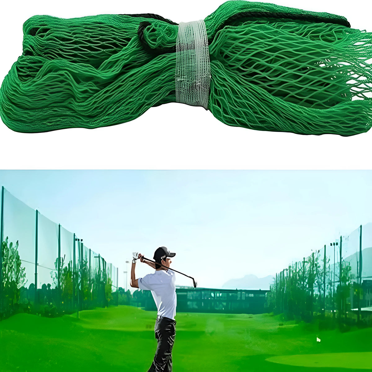 Polyethylene golf practice net in 2x2m or 3x3m, black or green, for stadium and sports ground use