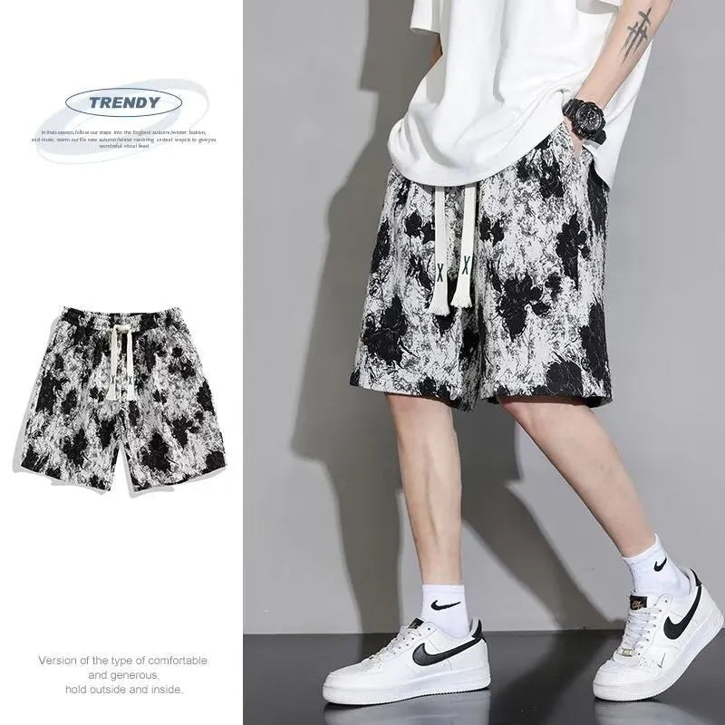Men's summer fashion shorts in polyester with fifth pants length, showing bear print design.