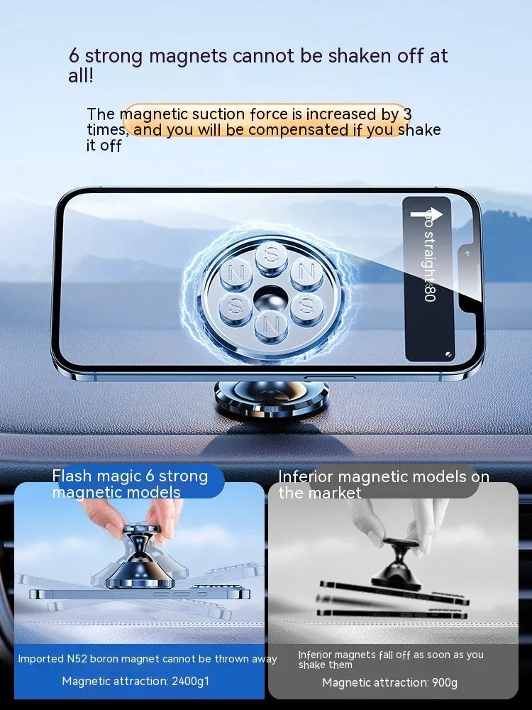 Shiny black alloy magnetic car phone holder with adhesive dashboard mount.