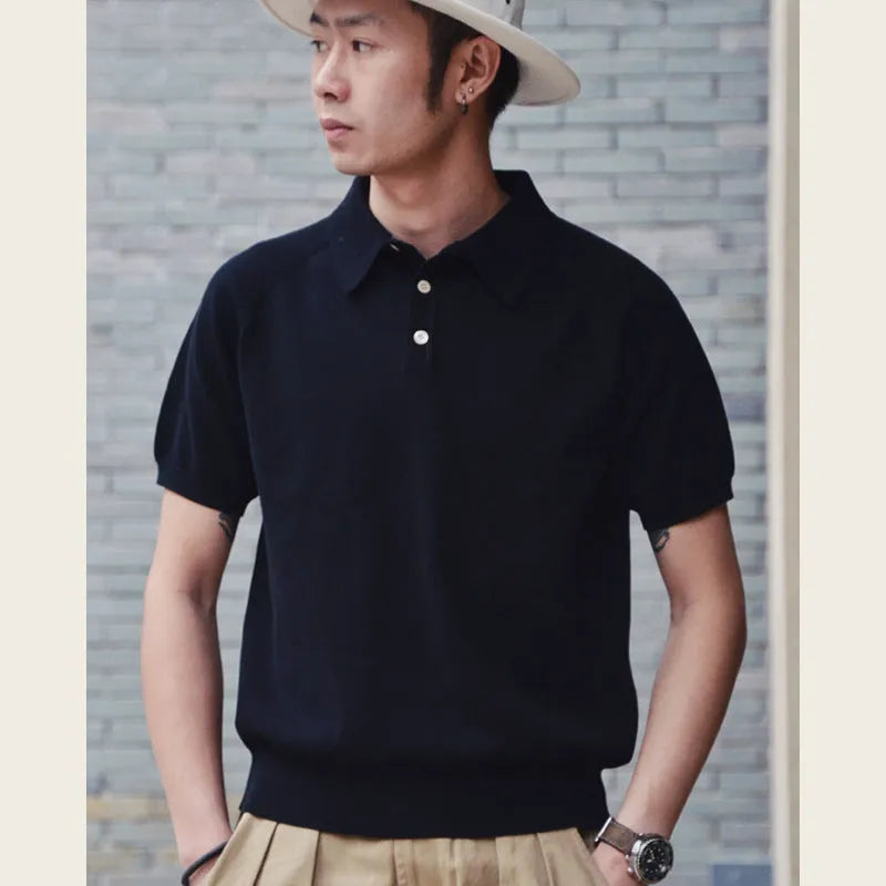 Men's retro knitted cotton short-sleeved T-shirt in slim fit available in multiple solid colours