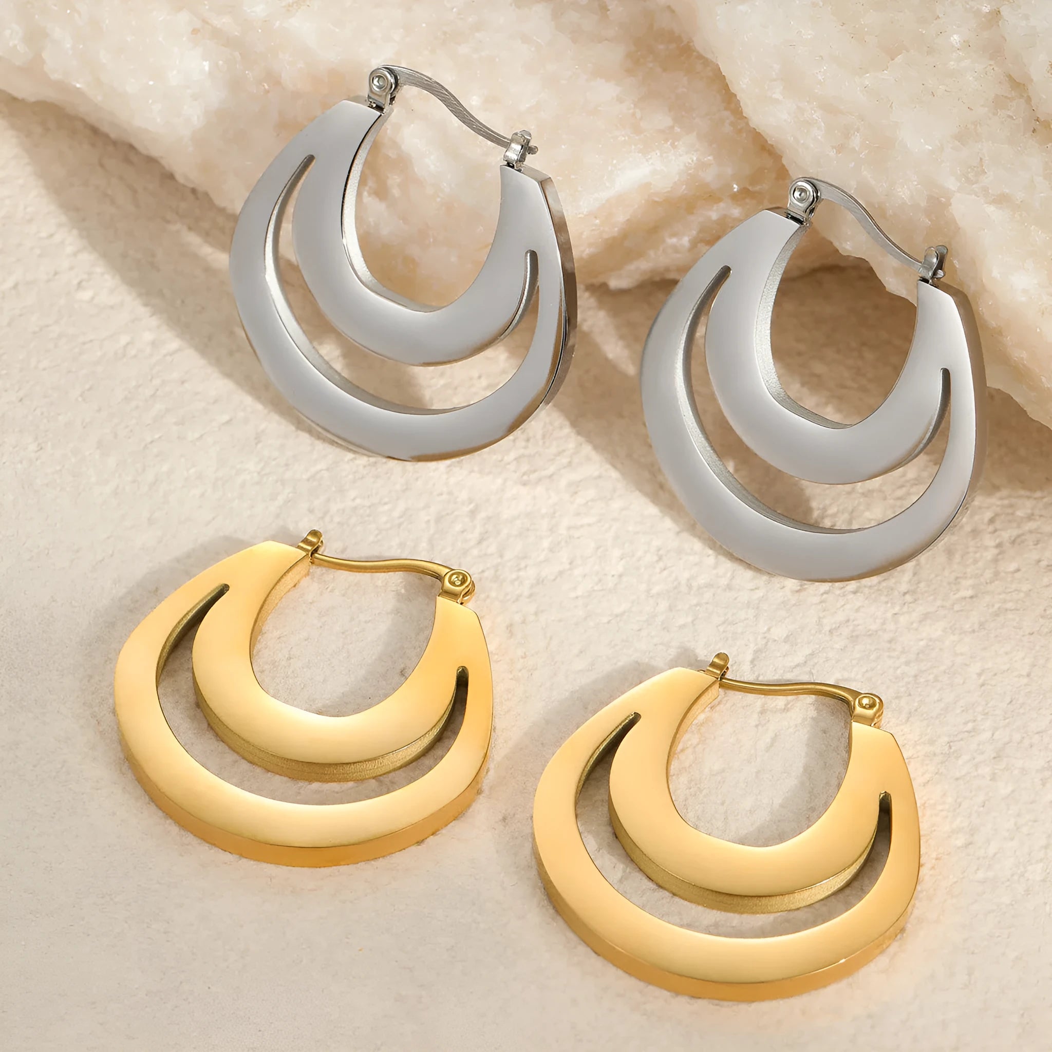 Gold plated geometric French earrings with round ring design on stainless steel with 18K purity plating