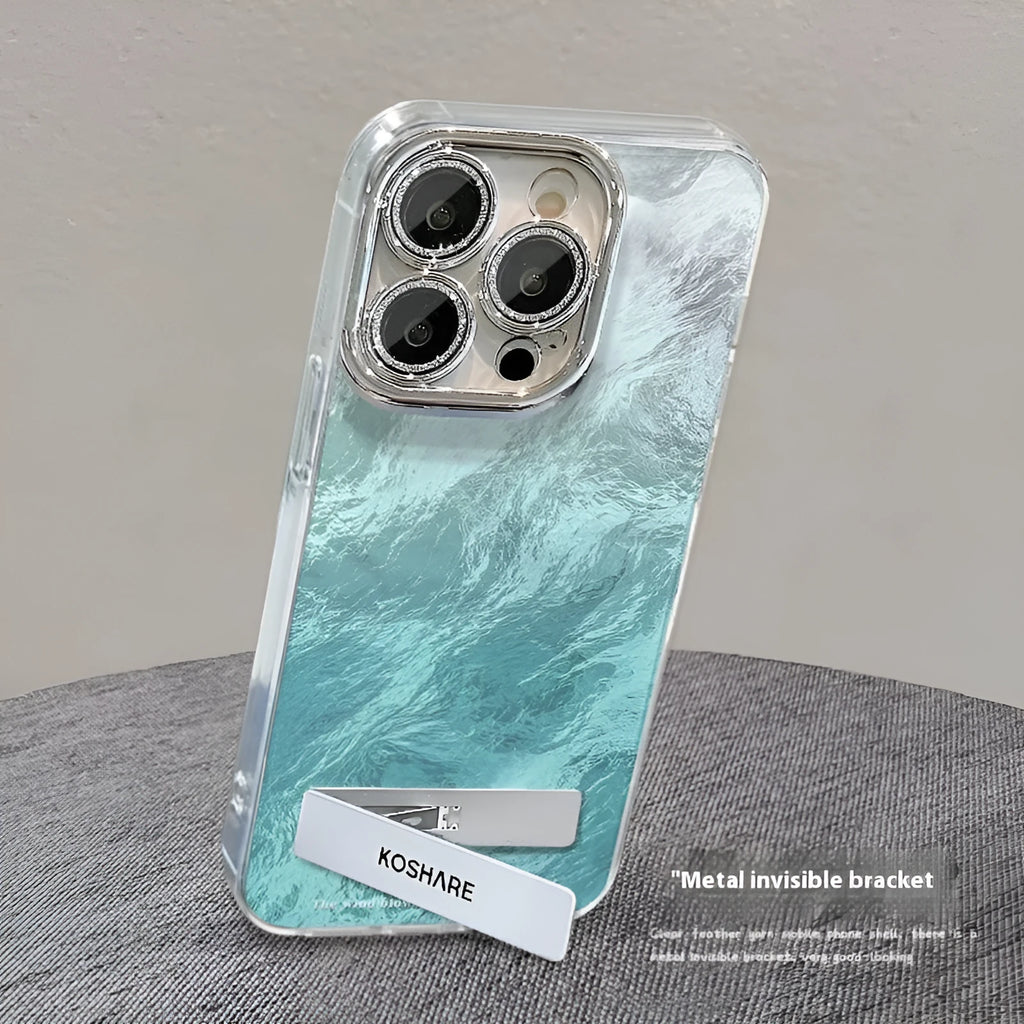 Ice blue and silver gradient hard PC iPhone case with chain and invisible bracket options