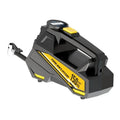 Black portable digital tyre inflator with display and LED light, connected to a car tyre valve.
