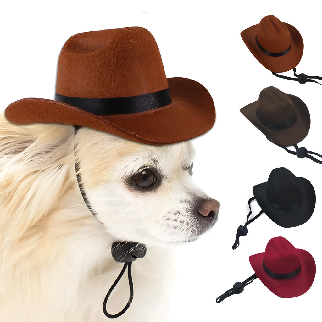 Brown adjustable fabric cowboy hat on a dog, showing rounded brim and headband strap.