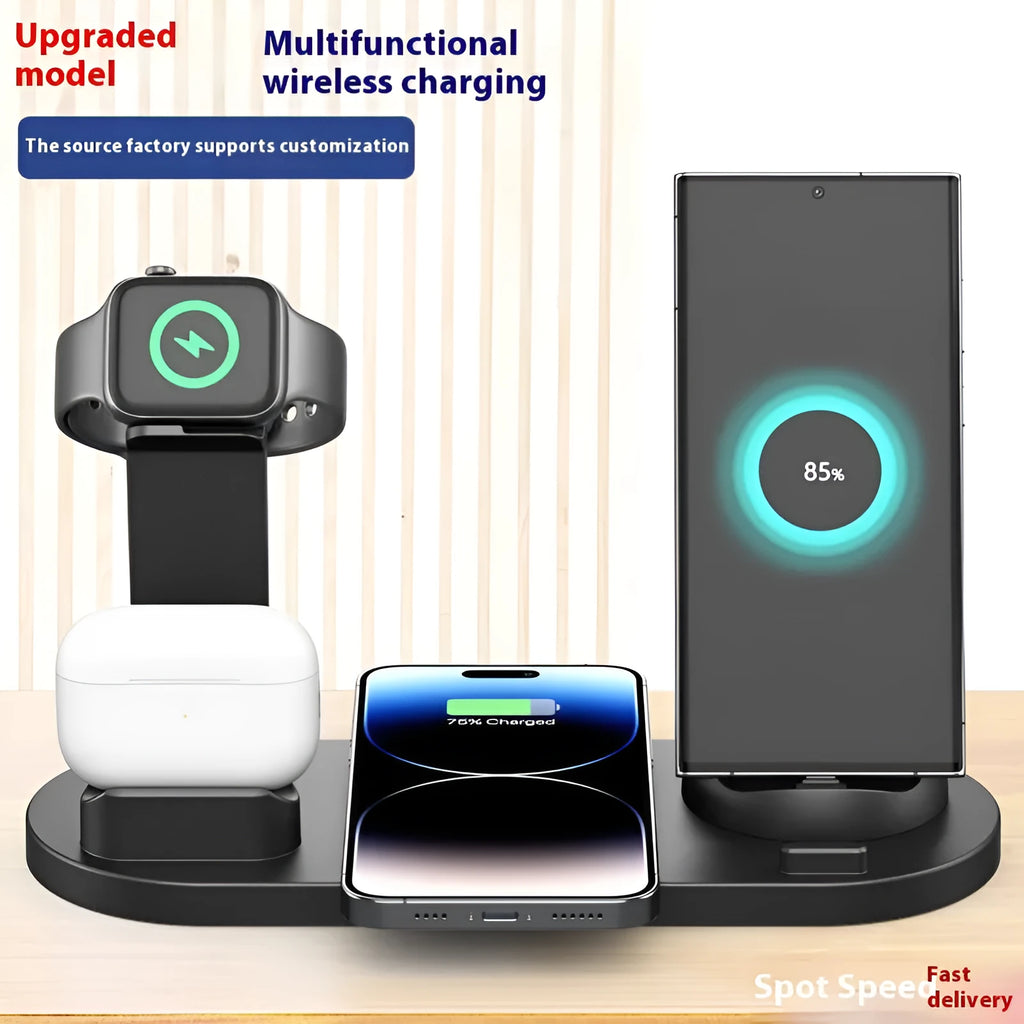 Universal desktop charging stand with 15W wireless phone charger, headset hook, and watch stand in black finish