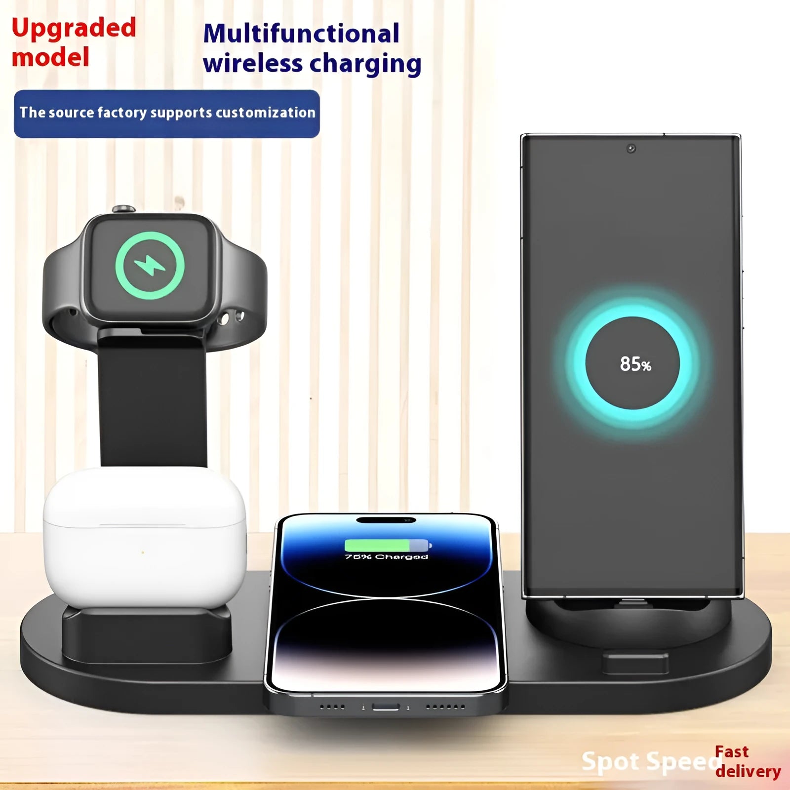 Universal desktop charging stand with 15W wireless phone charger, headset hook, and watch stand in black finish
