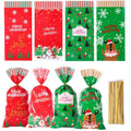 50 clear OPP Christmas gift tying bags 13x27cm flat, with red and green designs