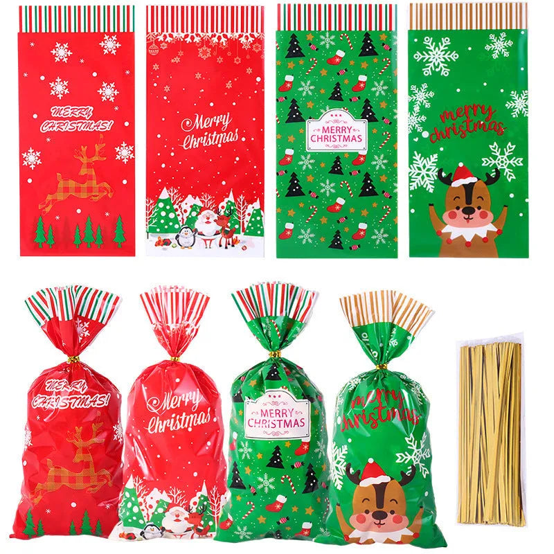 50 clear OPP Christmas gift tying bags 13x27cm flat, with red and green designs