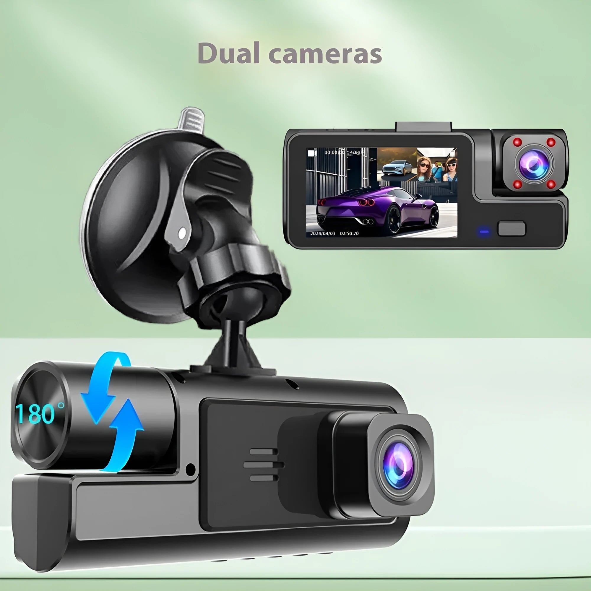 Black Wi-Fi dash cam with 2-inch screen, front lens, and separate rear camera for car reversing.