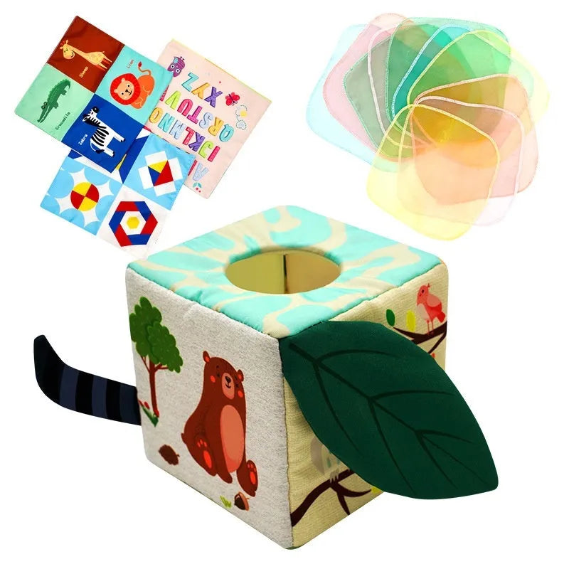 Square fabric tissue box toy with colourful silk scarves for infant pulling play