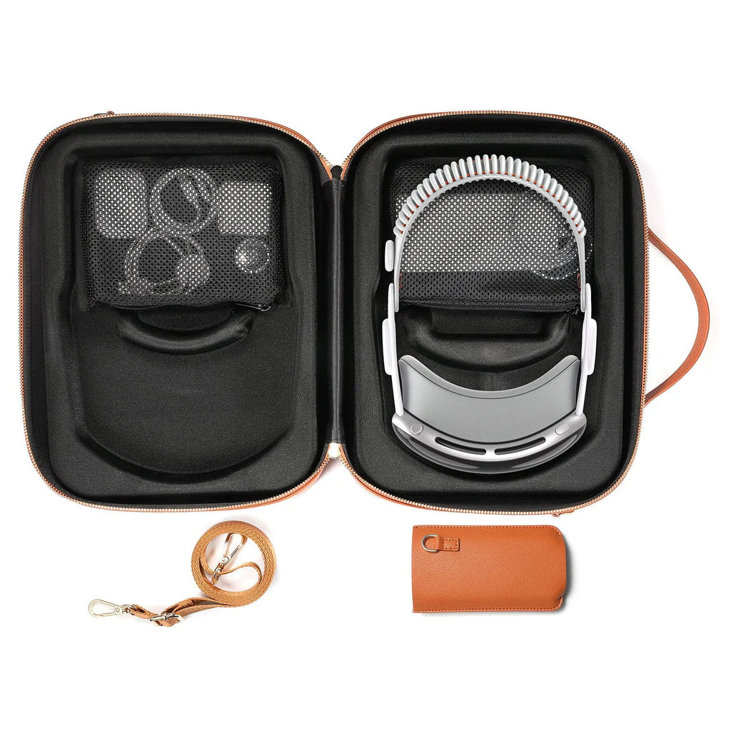 Vision Pro MR glasses storage box in superfiber material showing black and brown colour options