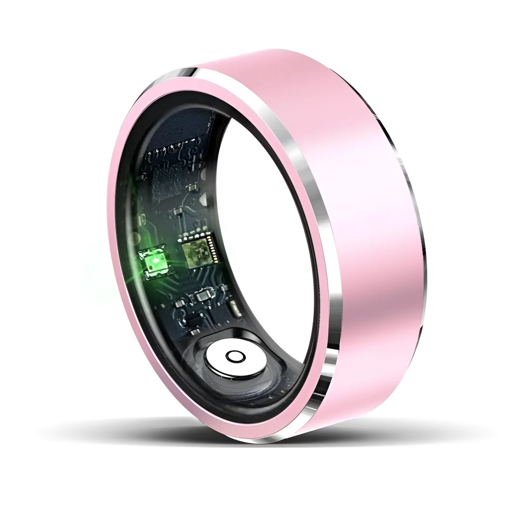Smart ring with heart rate and sleep tracking, waterproof to 30 metres, stainless steel band, available in pink gold and silver
