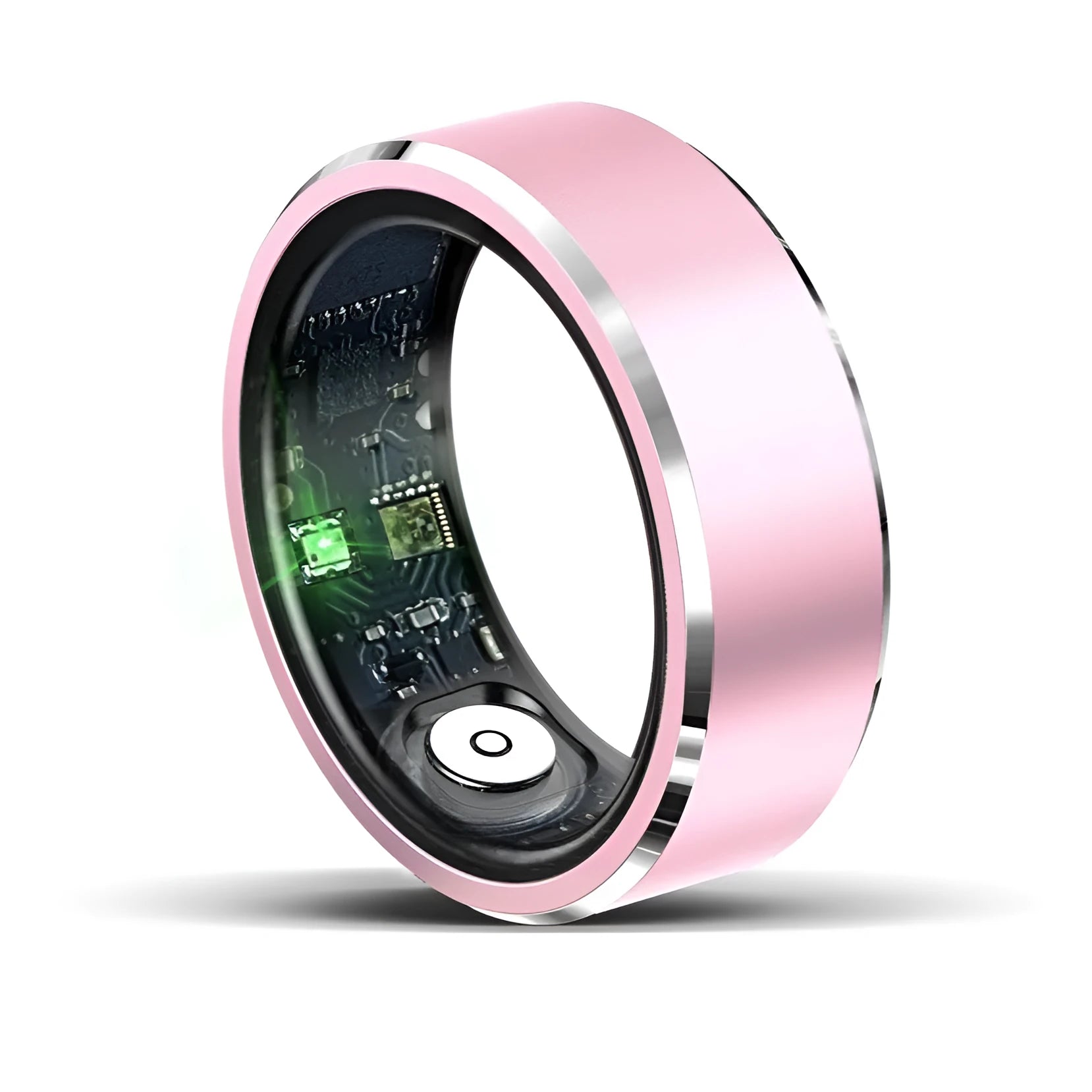 Smart ring with heart rate and sleep tracking, waterproof to 30 metres, stainless steel band, available in pink gold and silver