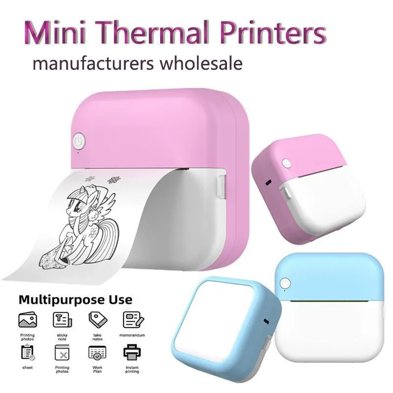 Student mini thermal label printer with USB cable, compact 12x9x4.6cm size, and included printing paper